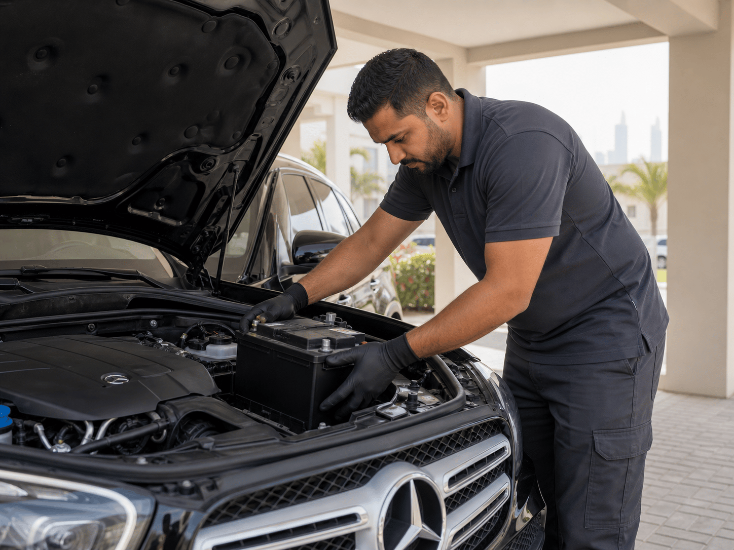 A technician fits a replacement battery under the bonnet