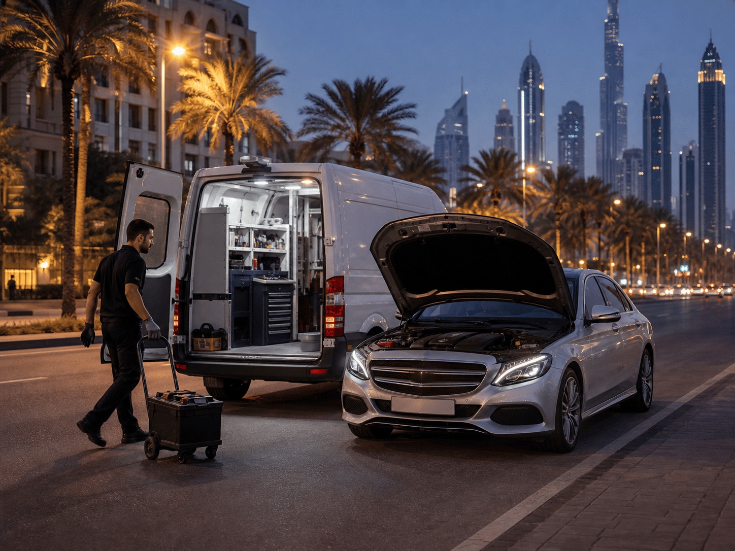 A service van parked behind a car with its bonnet open at dusk