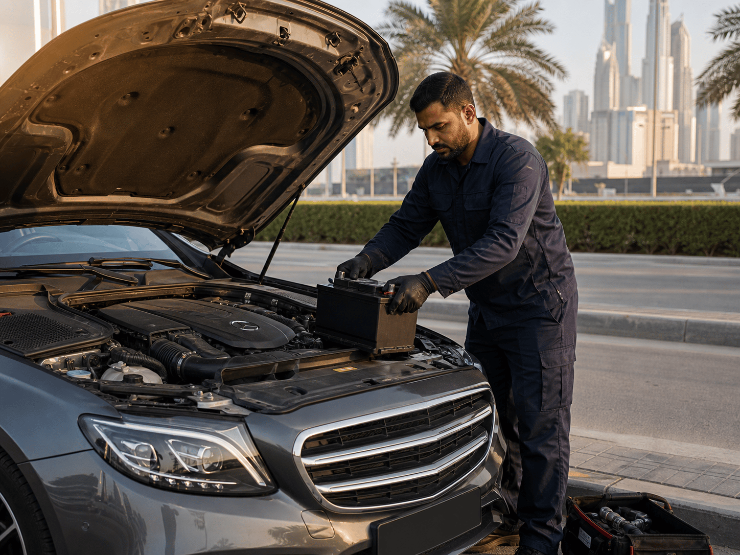 A technician lifts a battery out of a car parked at the roadside